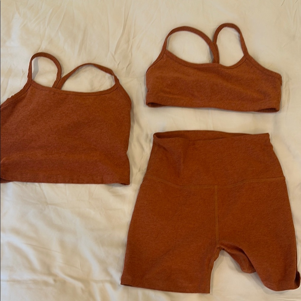 Rust Brick Red Beyond Yoga Sports Bra and Bike Shorts Set Size M